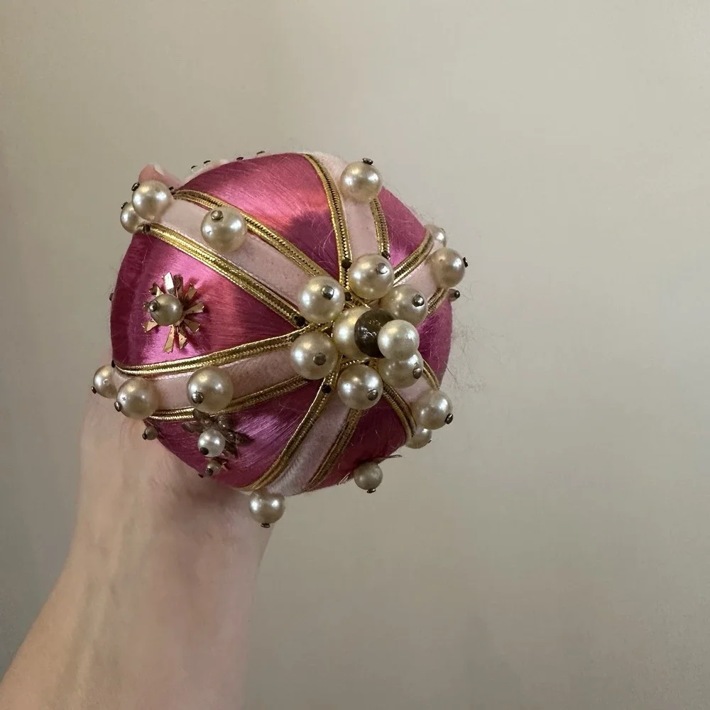 Set Of 3 Christmas Ornaments Push Pin Satin Beaded‎ Angel Pink Green 4